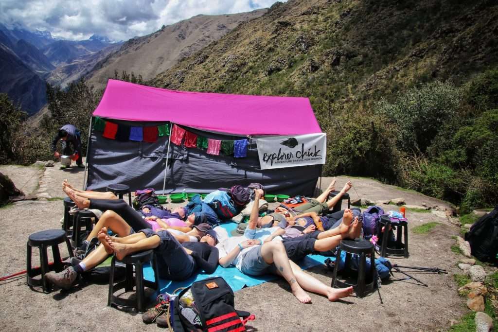 Explorer Chicks taking a well-deserved break after a day's trek on the Inca Trail.