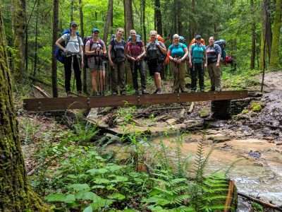 Group of women standing on plank crossing river with hiking gear