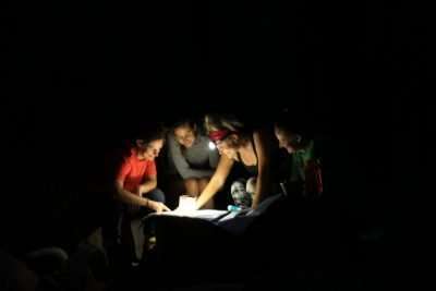 Group of women reading map in the dark